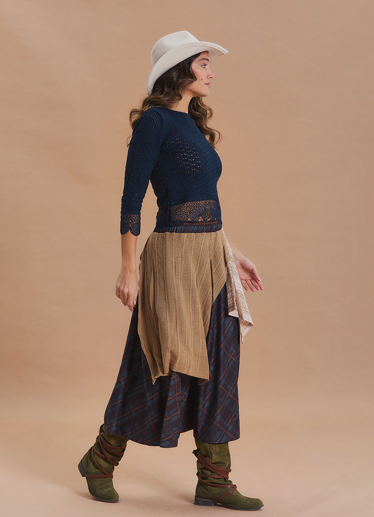 Elastic Waist Lace Detail Brown Plaid Long Skirt