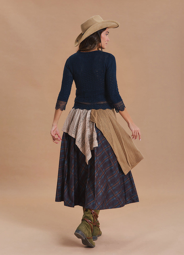 Elastic Waist Lace Detail Brown Plaid Long Skirt