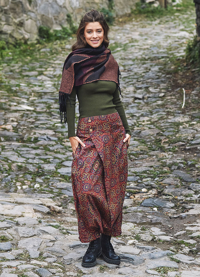 Retro Print Elastic Waist Wrap Front Detail Bohemian Harem Winter Pants