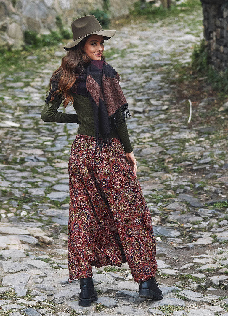 Retro Print Elastic Waist Wrap Front Detail Bohemian Harem Winter Pants