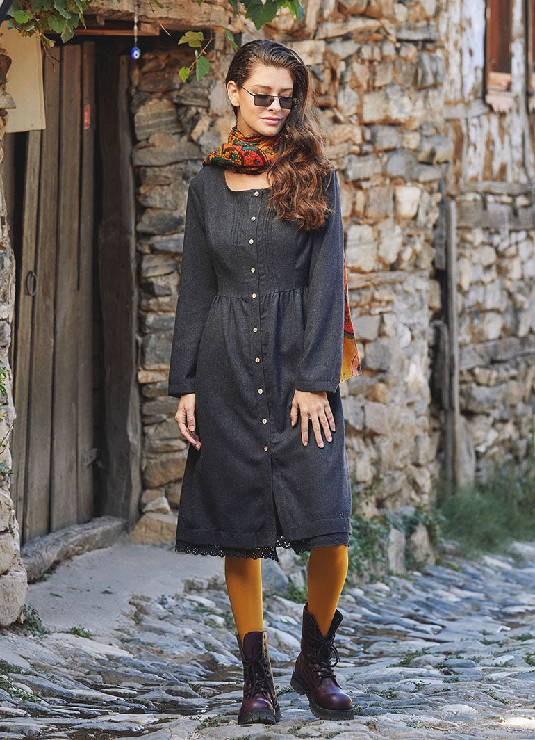 Nervure Front Laced Hem Long Sleeve Anthracite Dress