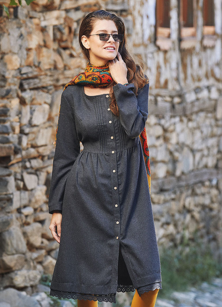 Nervure Front Laced Hem Long Sleeve Anthracite Dress