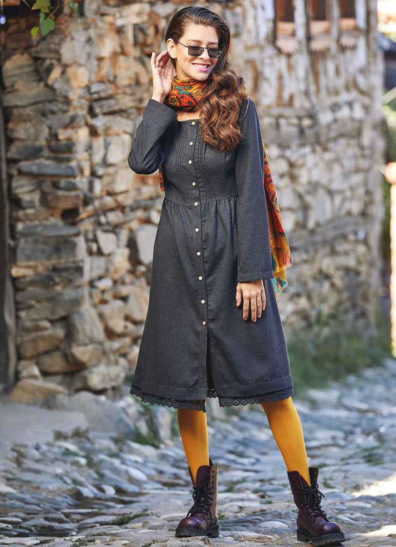Nervure Front Laced Hem Long Sleeve Anthracite Dress