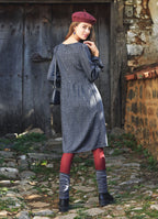 V Neckline Boho Style Long Sleeve Short Dress