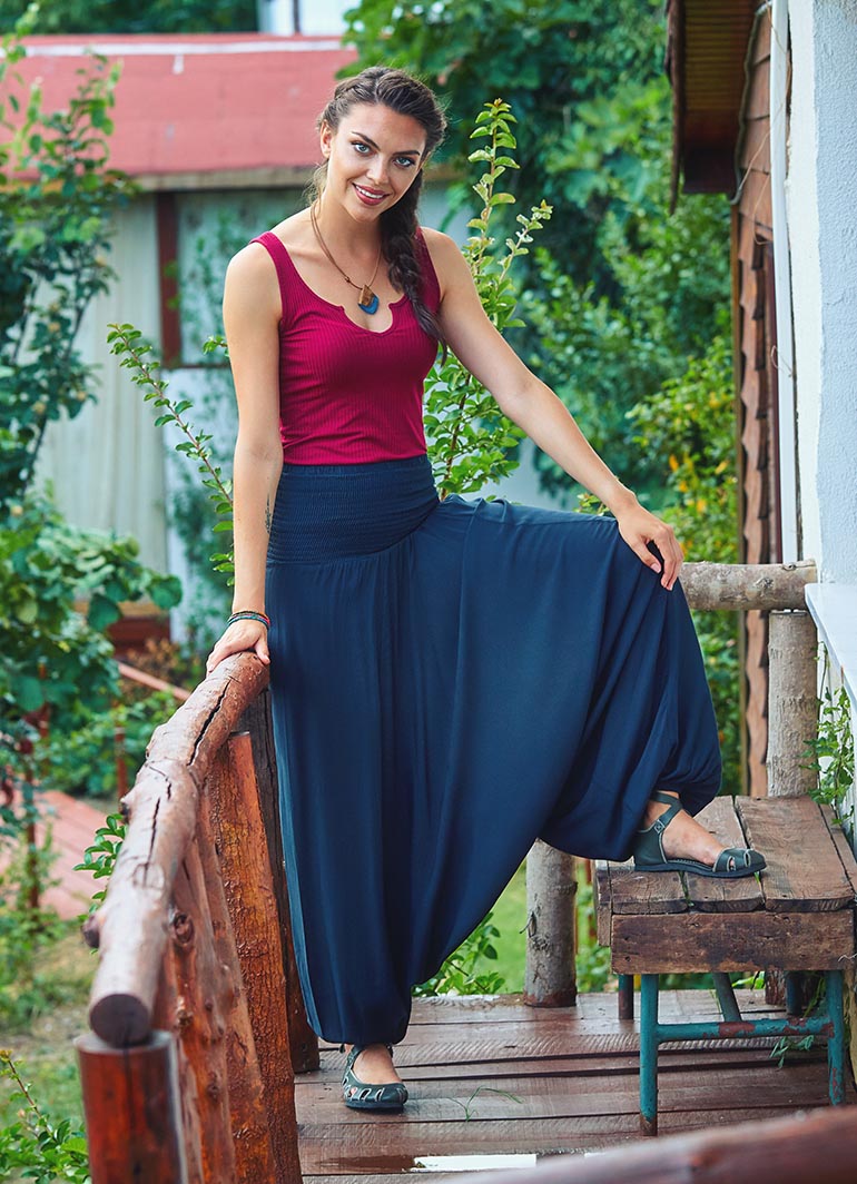 Shirred Waist Elastic Hem Boho Style Casual Flowy Harem Pants