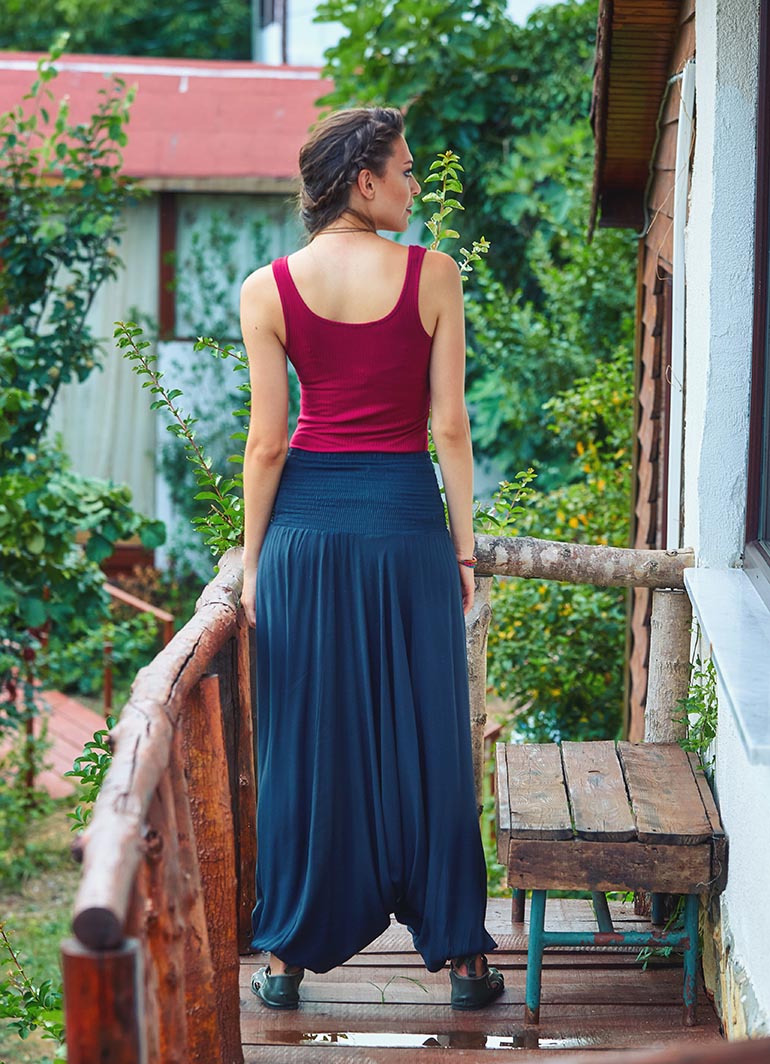 Shirred Waist Elastic Hem Boho Style Casual Flowy Harem Pants