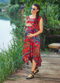 Floral Print Boat Neck Pocket Detail Bohemian Maternity Dress
