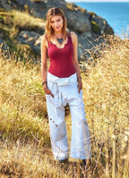 Adjustable Tie Waist White Fisherman Pants