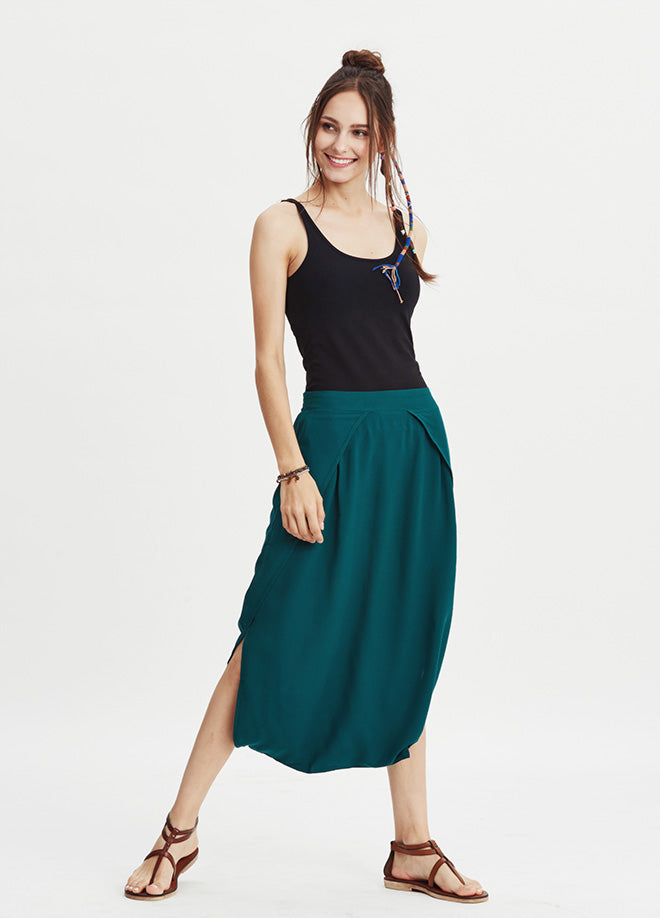 Elastic Waist Low Rise Green Capri Skirt Culottes