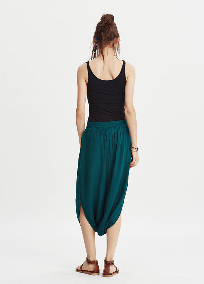 Elastic Waist Low Rise Green Capri Skirt Culottes