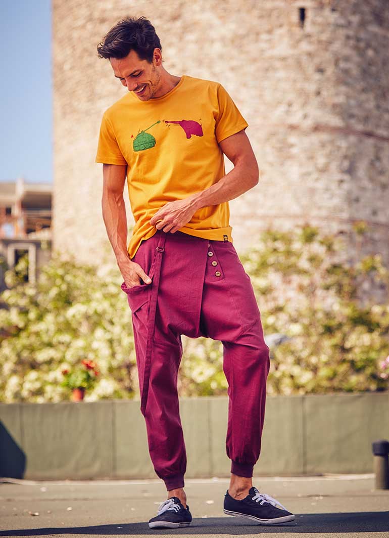 Metal Buttons Boho Men's Drop Crotch Red Pants