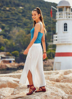 Side Slits Front Pleat Detail Elastic Waist Loose Fit Capri Pants