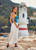 Side Slits Front Pleat Detail Elastic Waist Loose Fit Capri Pants