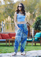 Blue Print Elastic Waist Bohemian Style Baggy Pants