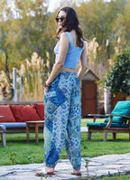 Blue Print Elastic Waist Bohemian Style Baggy Pants