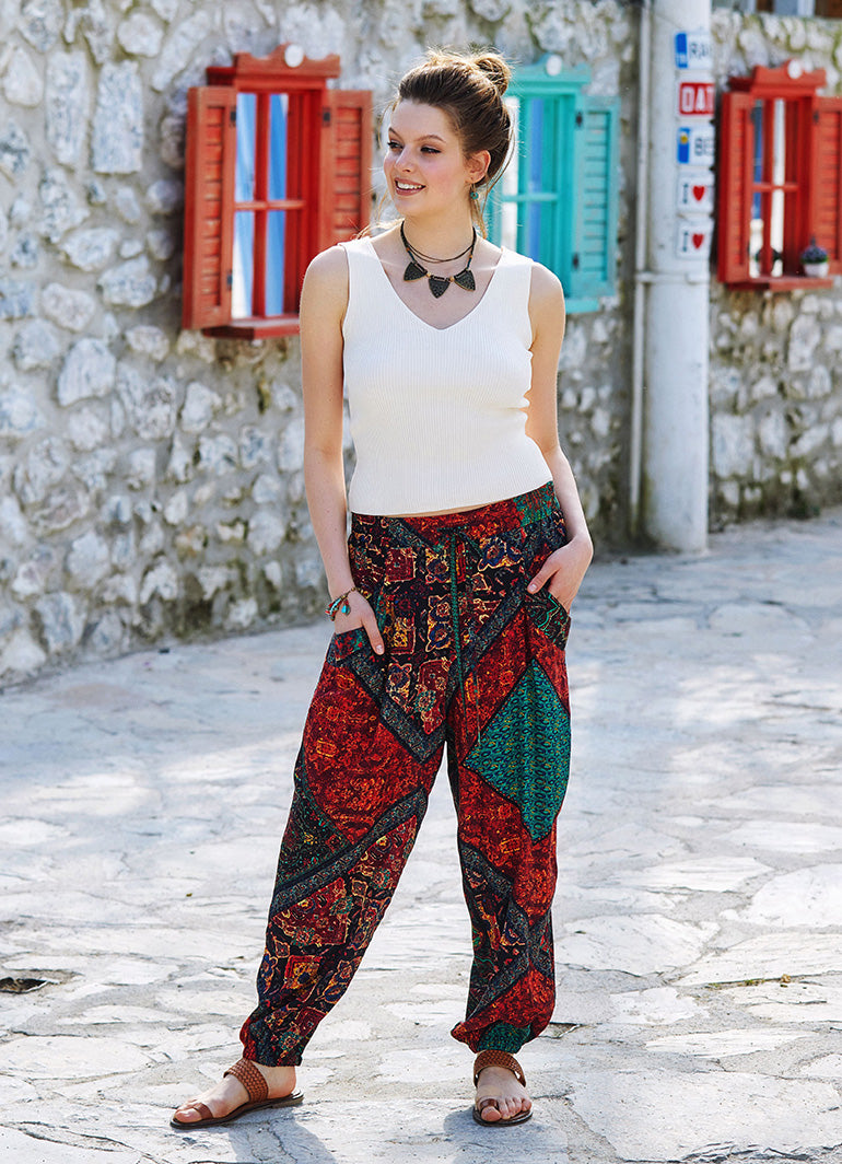 Ethnic Print Elastic Waist Boho Style Baggy Pants
