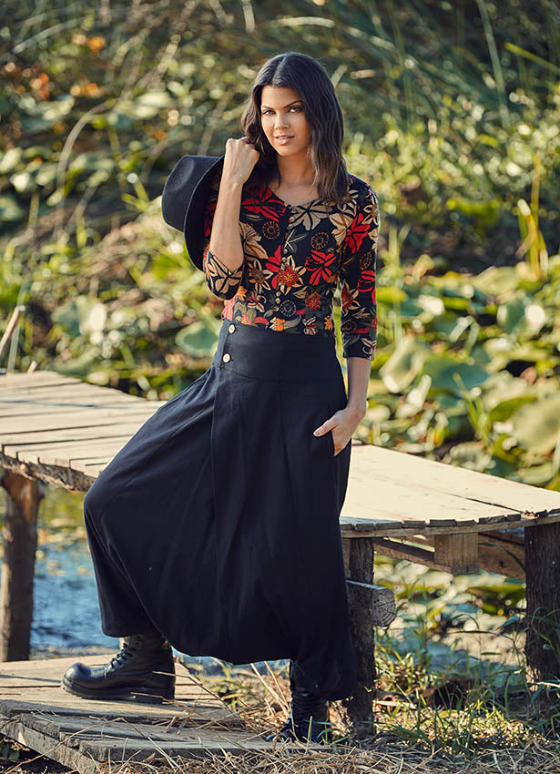 Floral Print Crew Neck Button Down Black Shirt