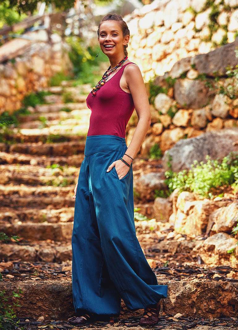 Elastic Banded Waist Womens Petrol Yoga Pants