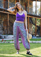 Floral Printed Elastic Waist and Hem Mid Rise Harem Pants