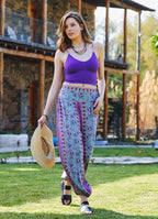 Floral Printed Elastic Waist and Hem Mid Rise Harem Pants