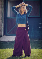 Elastic Waistband Side Pockets Burgundy Culottes