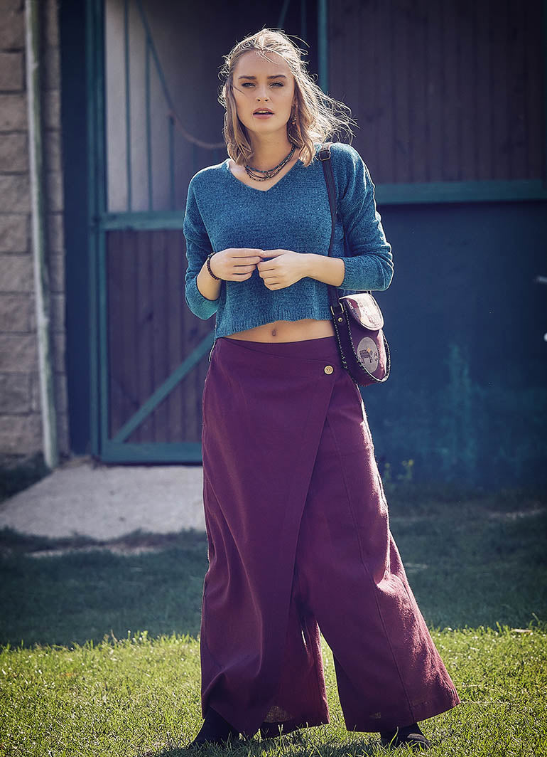 Elastic Waistband Side Pockets Burgundy Culottes