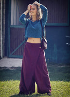 Elastic Waistband Side Pockets Burgundy Culottes