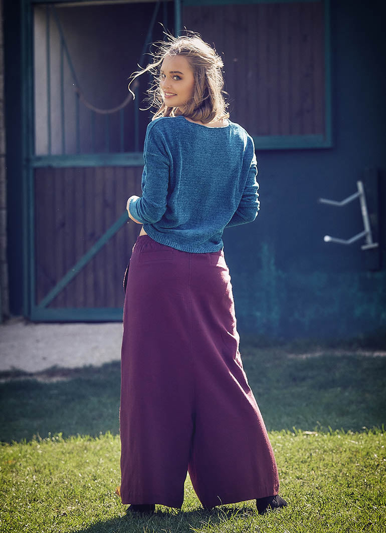Elastic Waistband Side Pockets Burgundy Culottes
