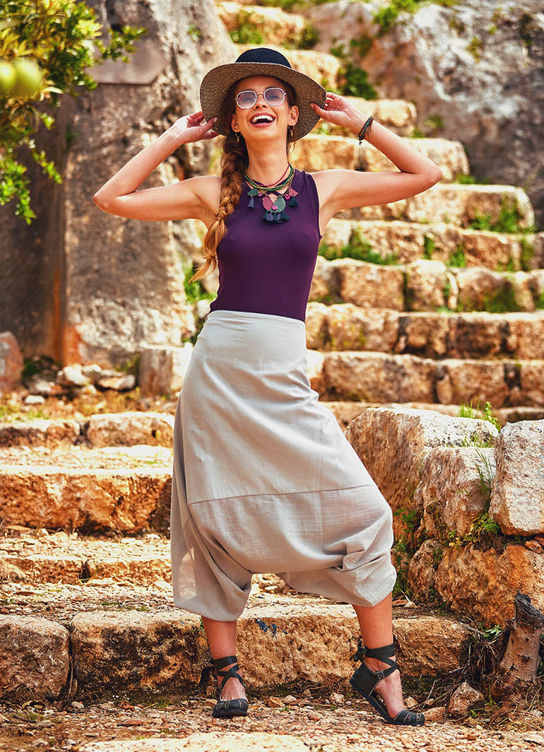 Adjustable Tie Waist Loose Fit Bohemian Style Capri Baggy Pants