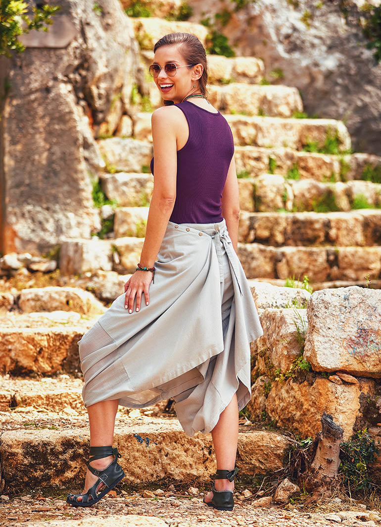 Adjustable Tie Waist Loose Fit Bohemian Style Capri Baggy Pants