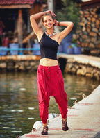 Elastic Ankle Cuffs  Drop Crotch Burgundy Harem Pants