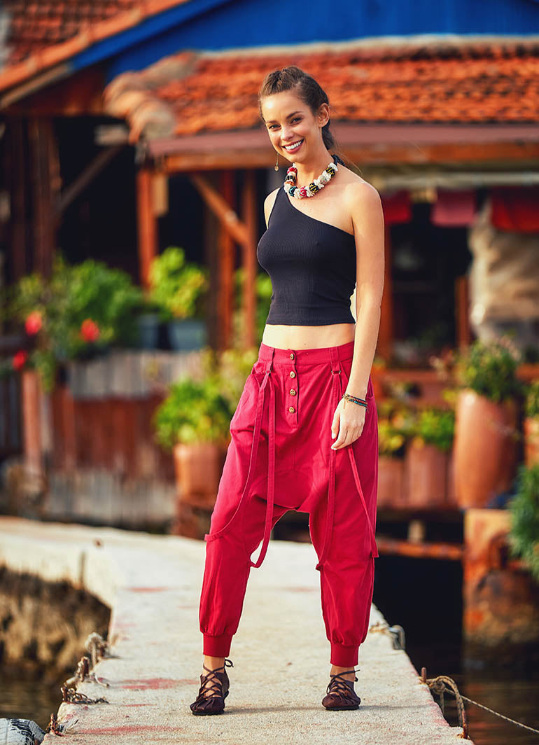 Elastic Ankle Cuffs  Drop Crotch Burgundy Harem Pants