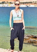Shirred Waist Buttoned Hem Black Harem Pants