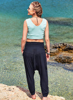 Shirred Waist Buttoned Hem Black Harem Pants