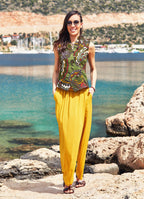 Wraped Front Elastic Waist Flowy Yellow Pants