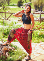 Patch Print Elastic Tie Waist Bohemian Style Harem Capri Pants