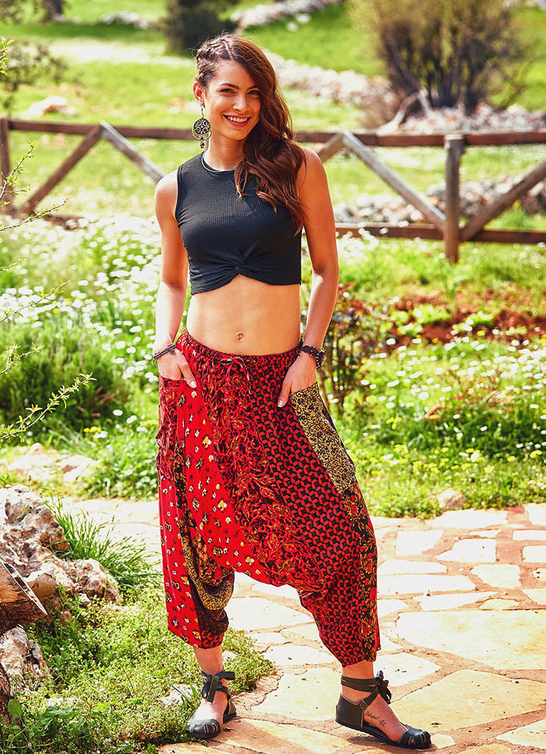 Patch Print Elastic Tie Waist Bohemian Style Harem Capri Pants