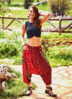 Patch Print Elastic Tie Waist Bohemian Style Harem Capri Pants