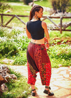 Patch Print Elastic Tie Waist Bohemian Style Harem Capri Pants