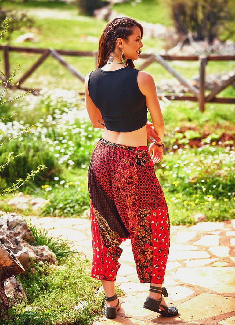 Patch Print Elastic Tie Waist Bohemian Style Harem Capri Pants
