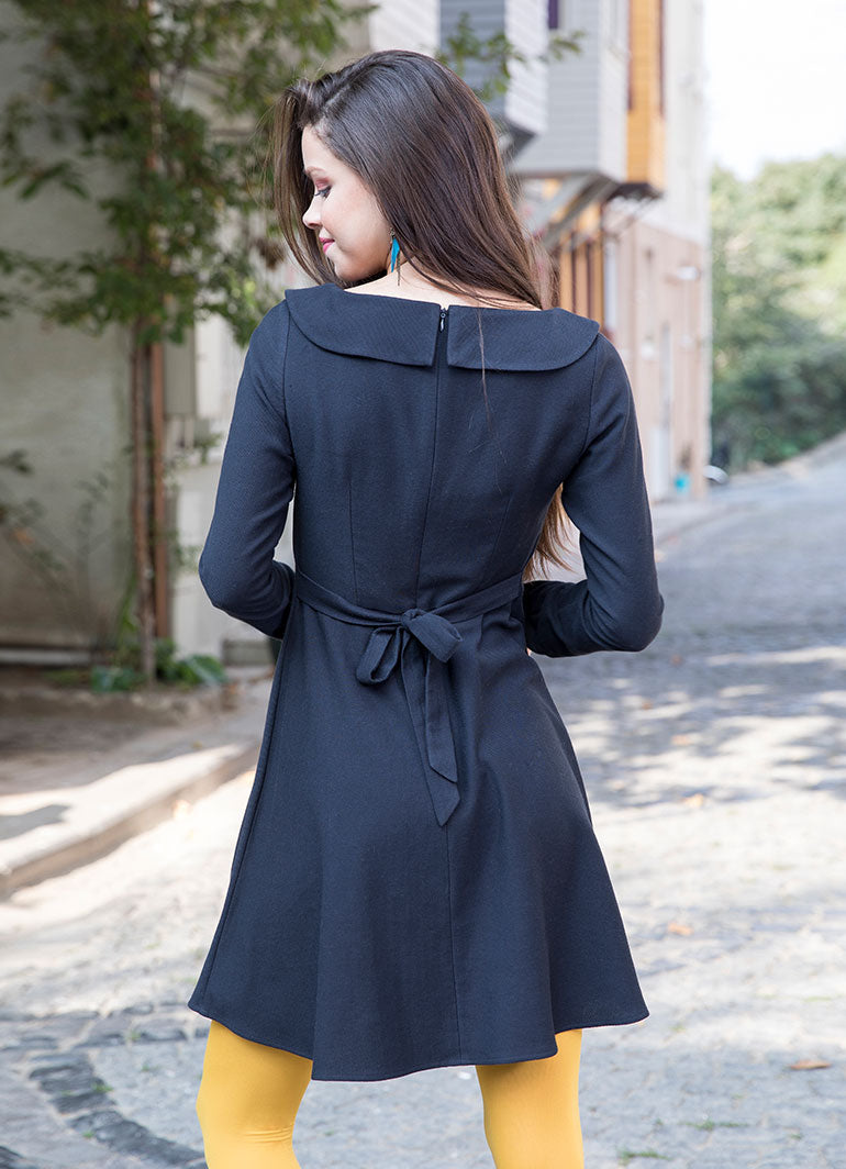 Fold Over Boat Neck Detail Long Sleeve Gypsy Style Black Dress