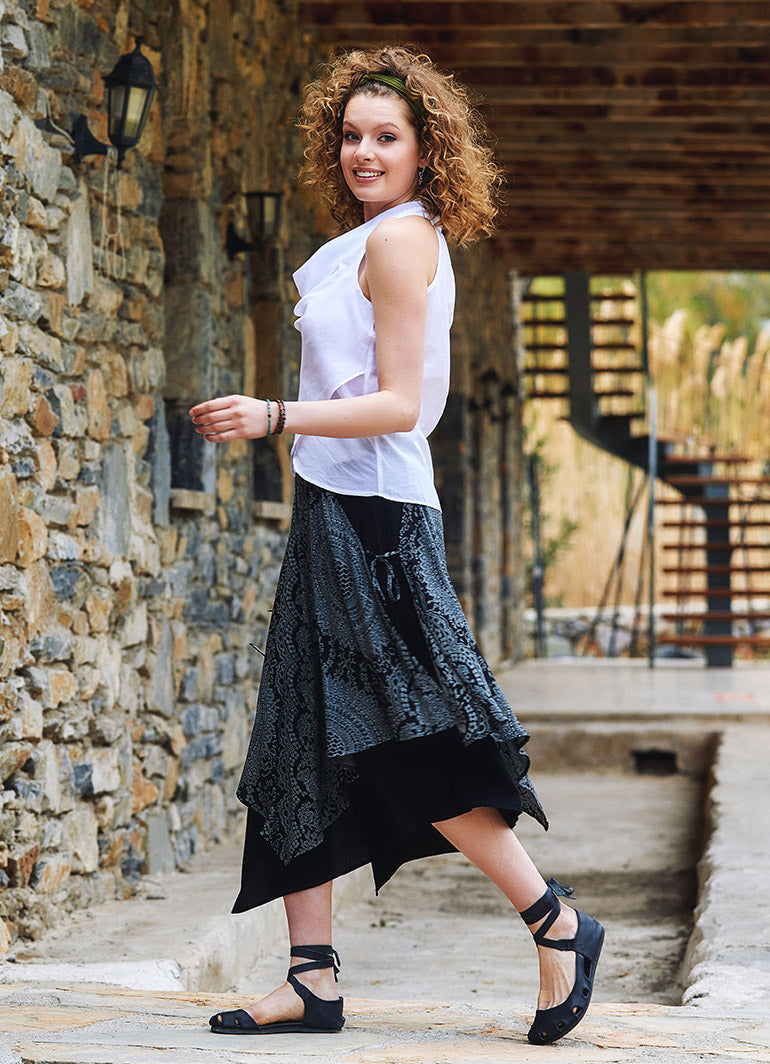 Gray Patterned Double Layered  Midi Skirt