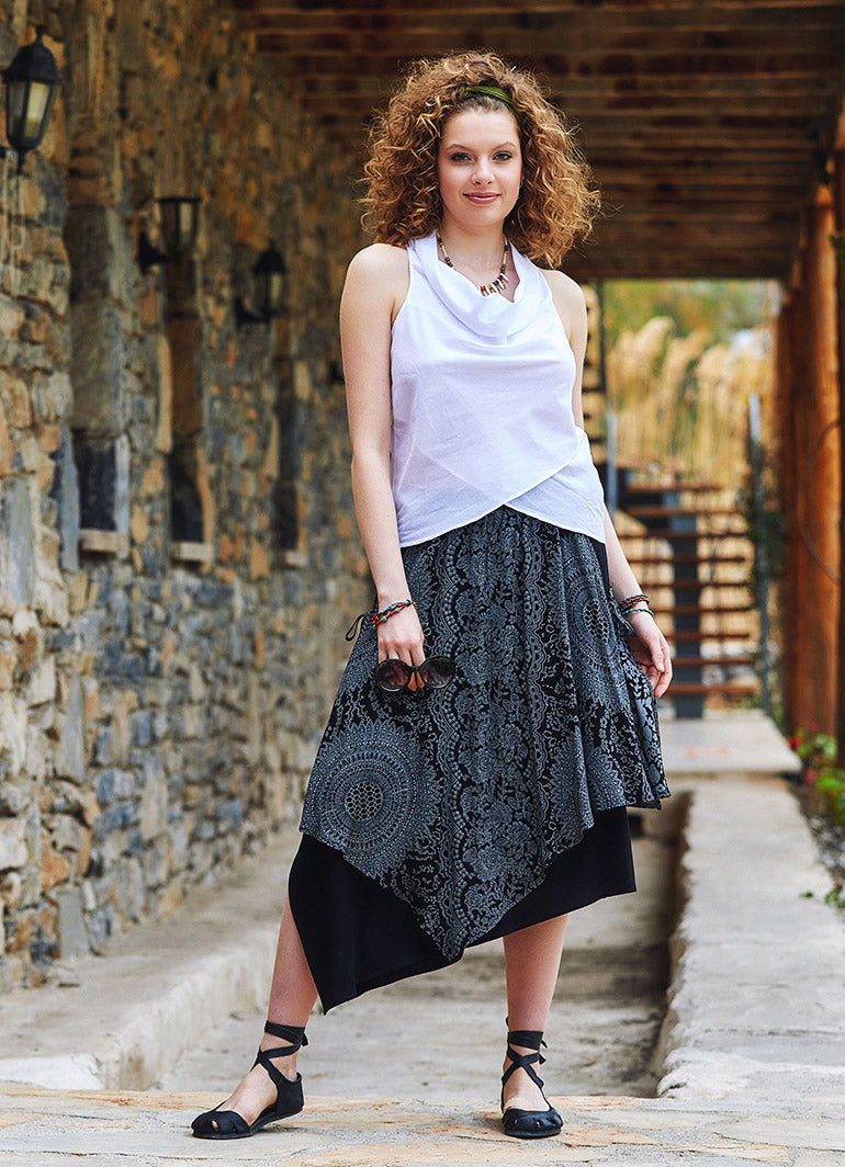 Gray Patterned Double Layered  Midi Skirt