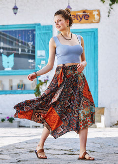 Brown Print Asymmetrical Hem Flowy Midi Skirt