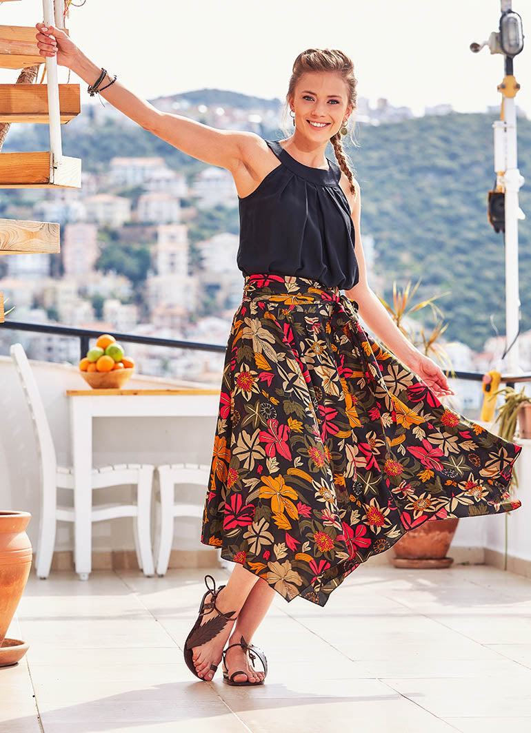 Floral Print Asymmetrical Hem Wholesale Bohemian Flowy Midi Skirt