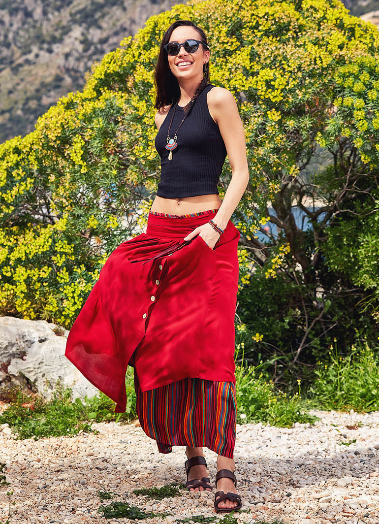 Double Layered Elastic Waist Gypsy Style Long Skirt
