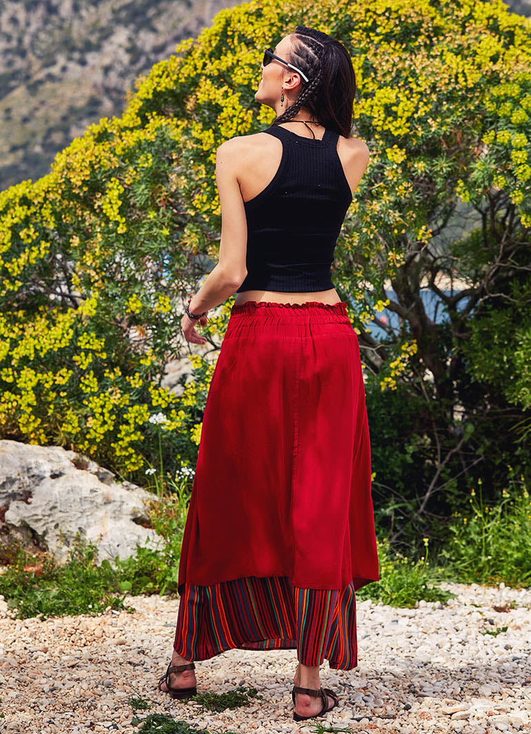 Double Layered Elastic Waist Gypsy Style Long Skirt