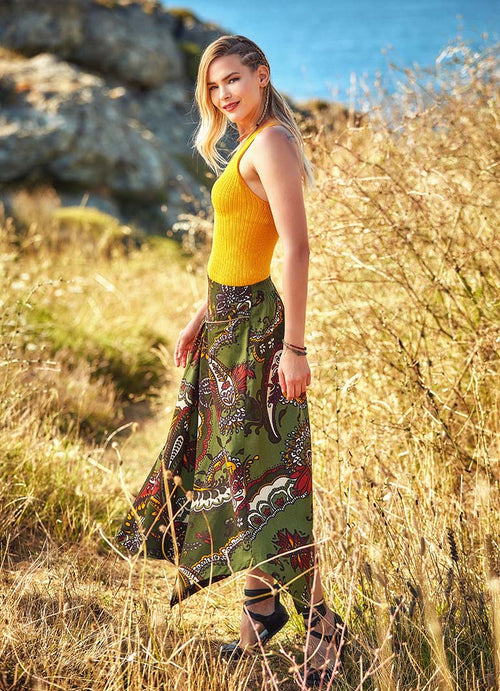Binding Detailed Elastic Waist Bohemian Style Flared Midi Skirt