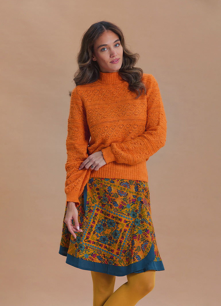High Neck Openwork Knit Orange Womens Sweater