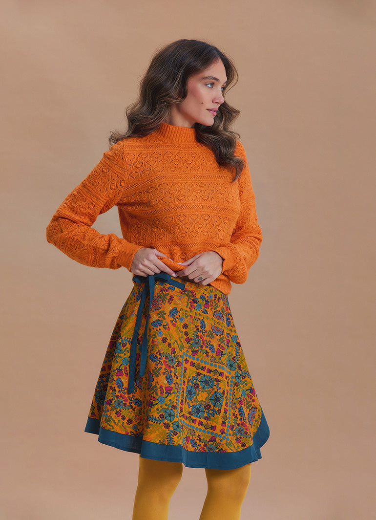 Mustard Ethnic Print Short Wrap Skirt